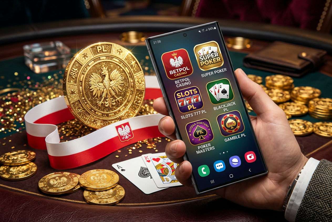 Ekran smartfona prezentujący aplikacje mobilnych kasyn i złoty żeton pokerowy na tle polskiej flagi