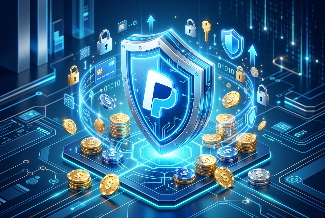 Modern digital payment security concept with PayPal logo and data protection symbols