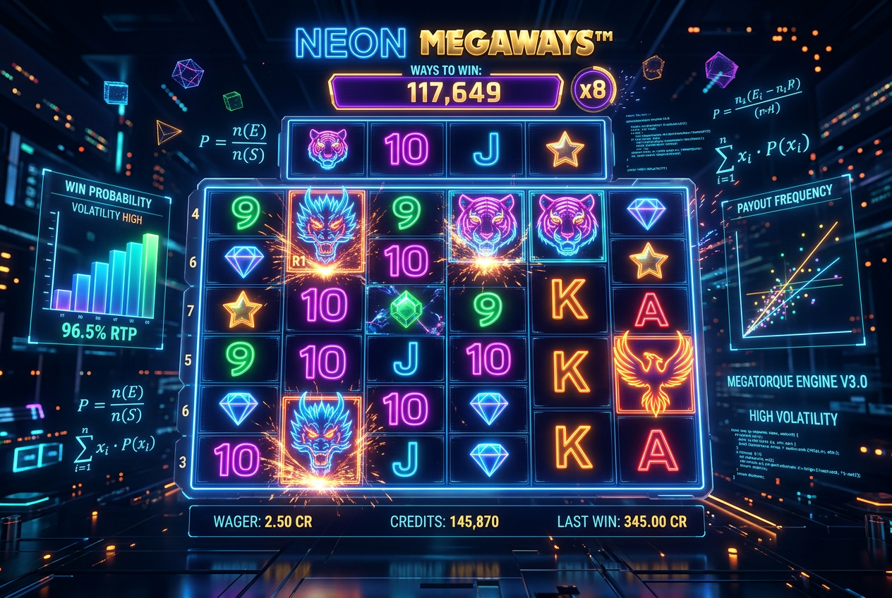 Wizualizacja nowoczesnej mechaniki slotów Megaways z neonowymi akcentami i symbolami matematycznymi