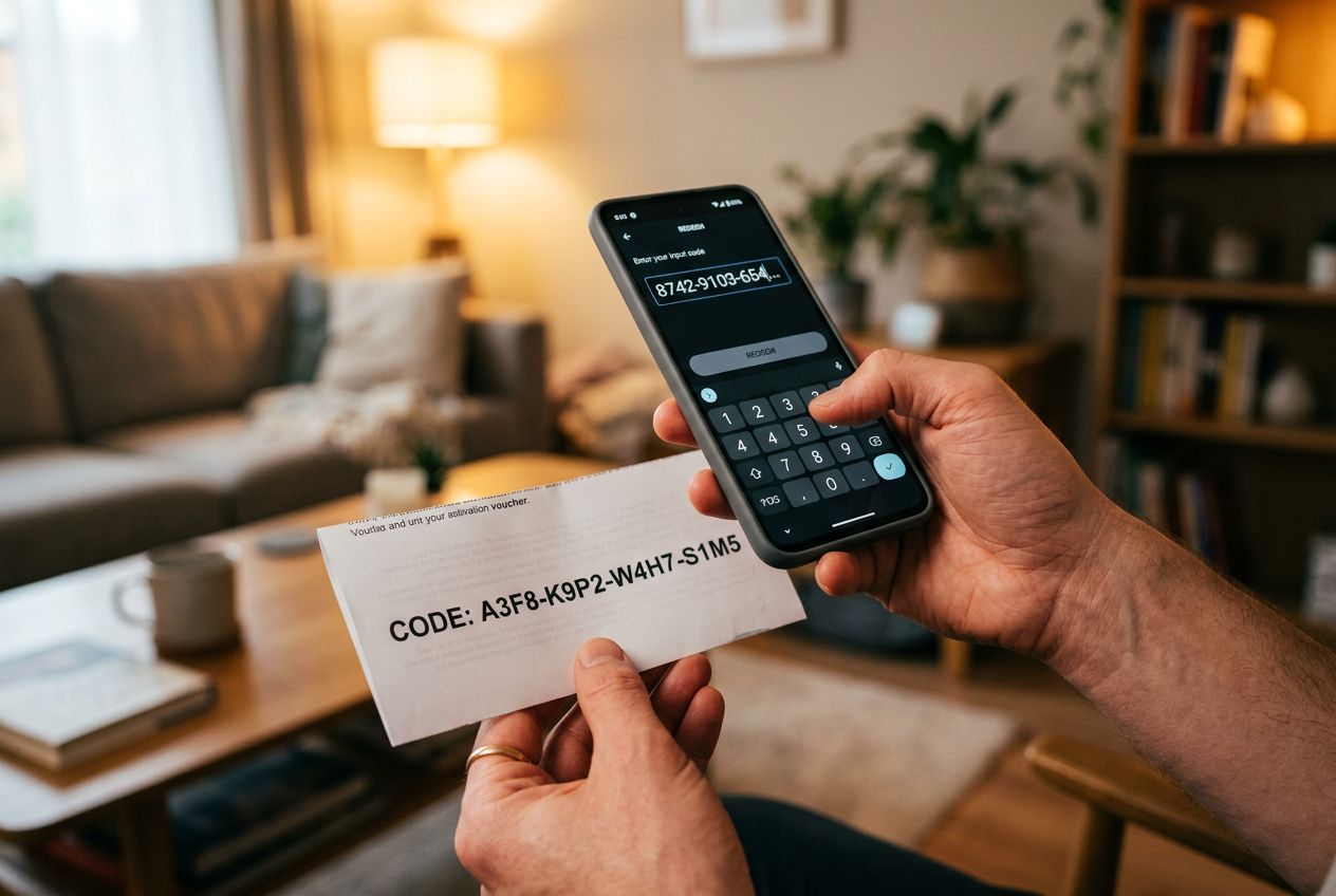 Osoba wpisująca kod PIN Paysafecard na telefonie komórkowym