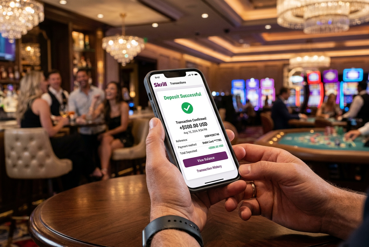 Smartphone displaying Skrill mobile app interface with successful casino deposit confirmation