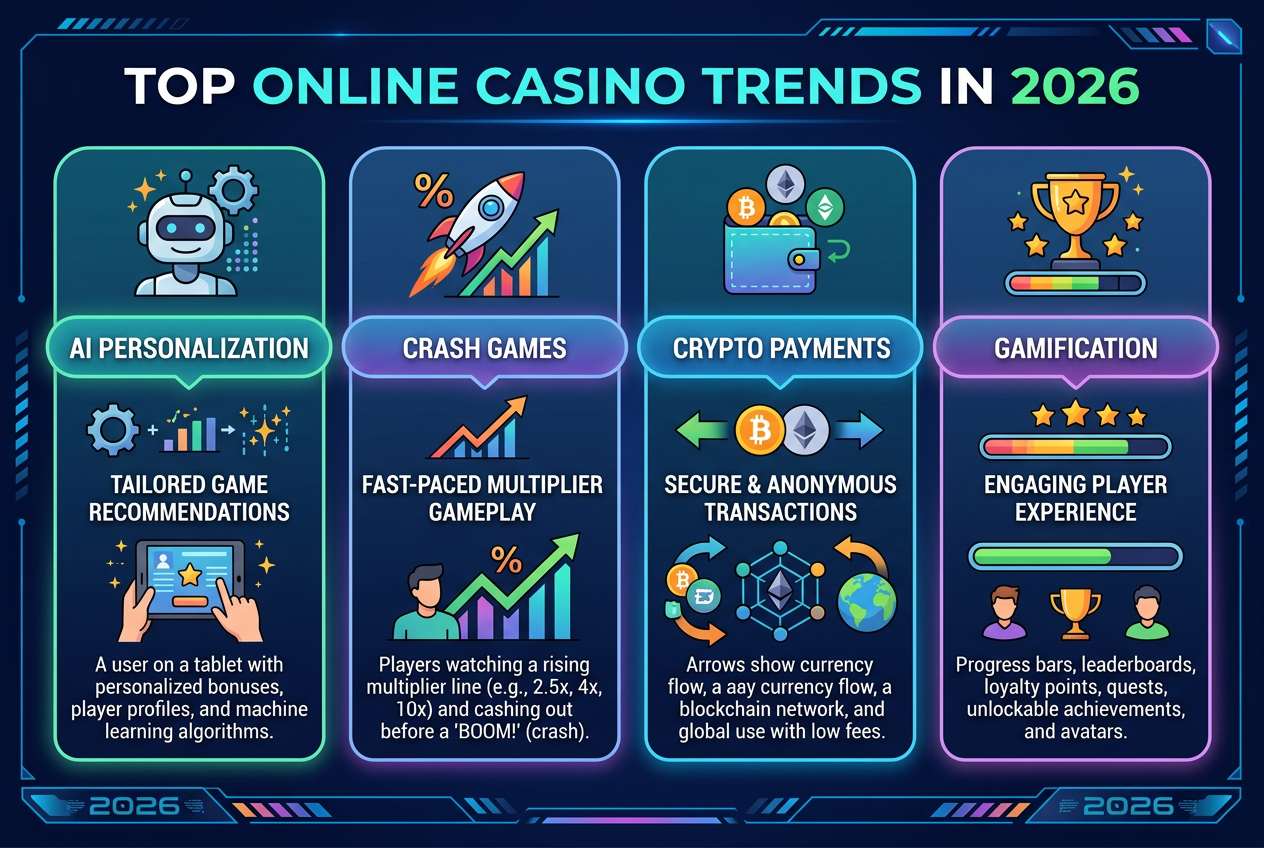 Infografika przedstawiająca trendy kasynowe 2026: AI, gry Crash, krypto i gamifikacja